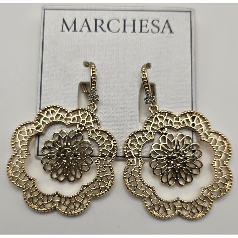 Marchesa Gold Tone Filigree Floral Drop Earrings Leverback Statement NWT -2787